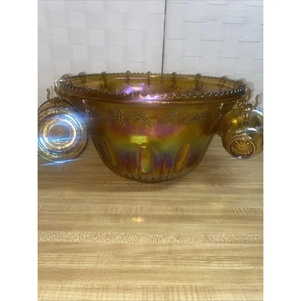 60s 70s Indiana Glass Iridescent Marigold Carnival Glass Punch Bowl 12 Cup Set